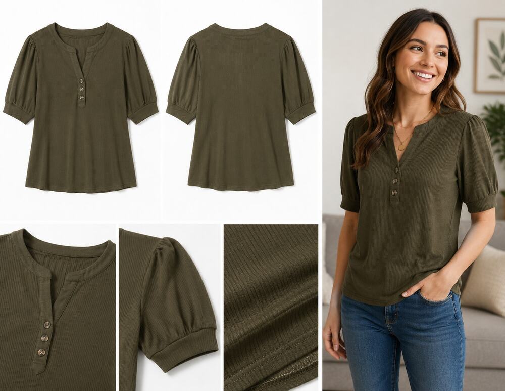 Peacameo Women's Ribbed Henley Puff Sleeve Top – Army Green – Size Large